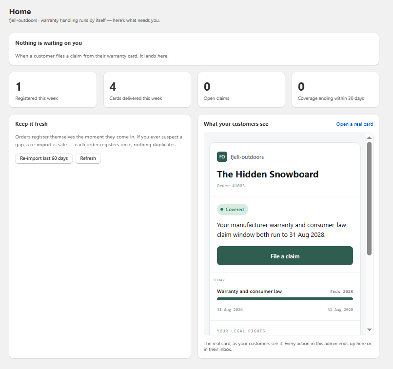 The WarrantyBridge admin Home: nothing is waiting on you, this week's numbers, and a live preview of the customer's warranty card